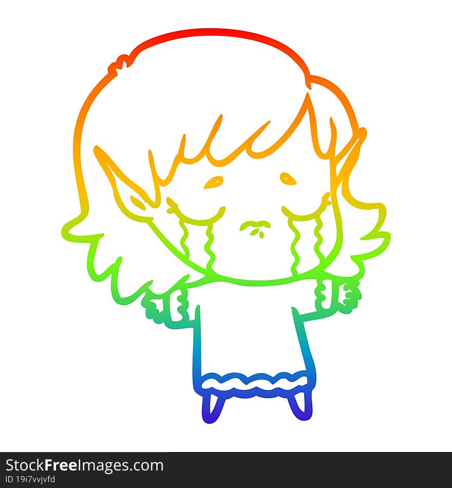 rainbow gradient line drawing cartoon crying elf girl