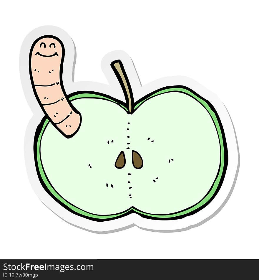 sticker of a cartoon apple with worm