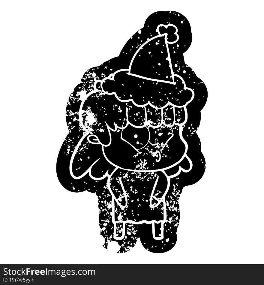 cartoon distressed icon of a whistling girl wearing santa hat