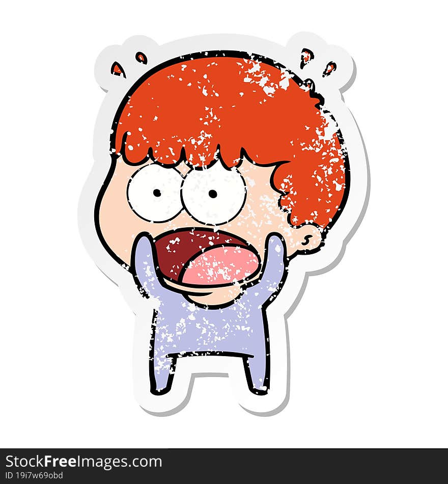 distressed sticker of a cartoon shocked man