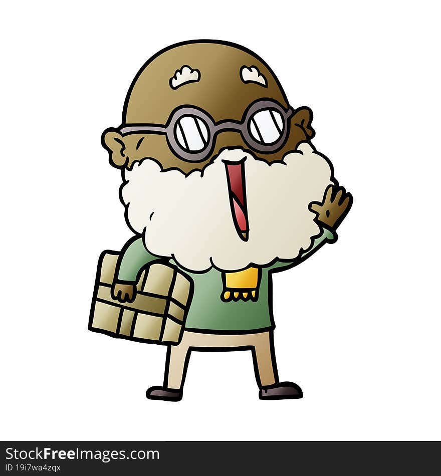 cartoon joyful man with beard and parcel under arm. cartoon joyful man with beard and parcel under arm