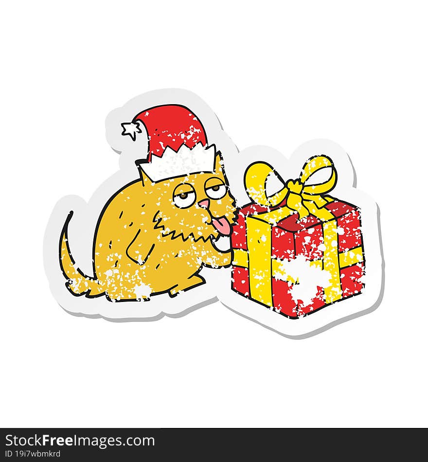 retro distressed sticker of a cartoon cat with present