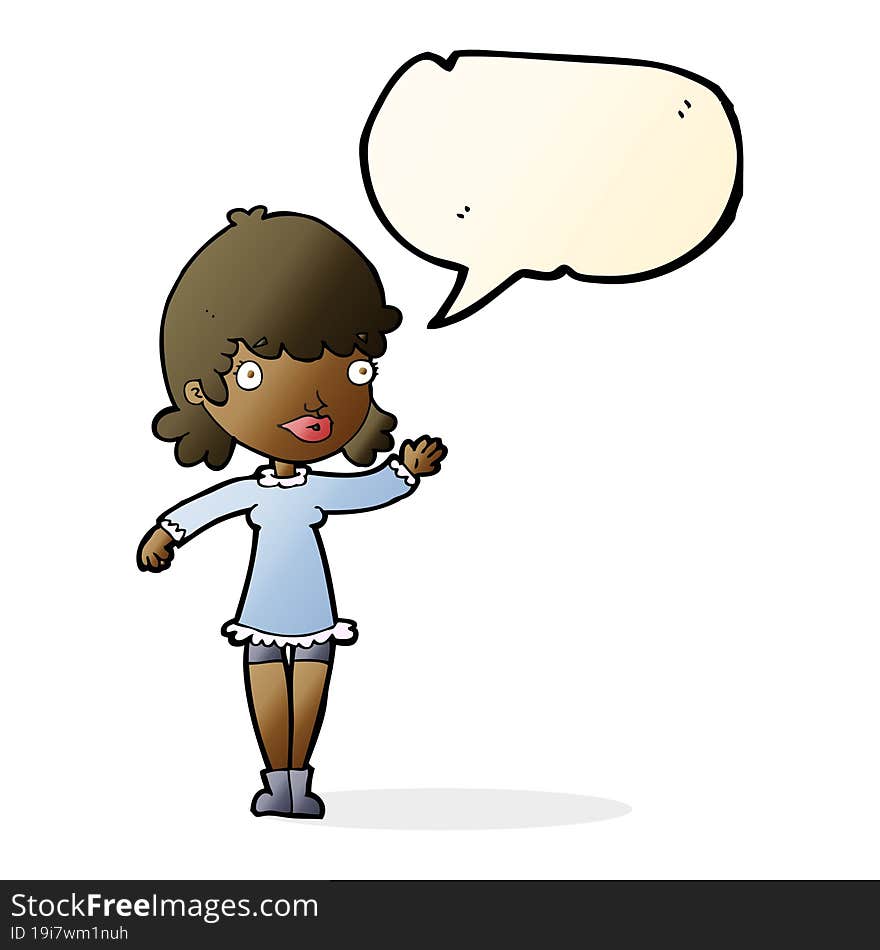 cartoon woman waving with speech bubble