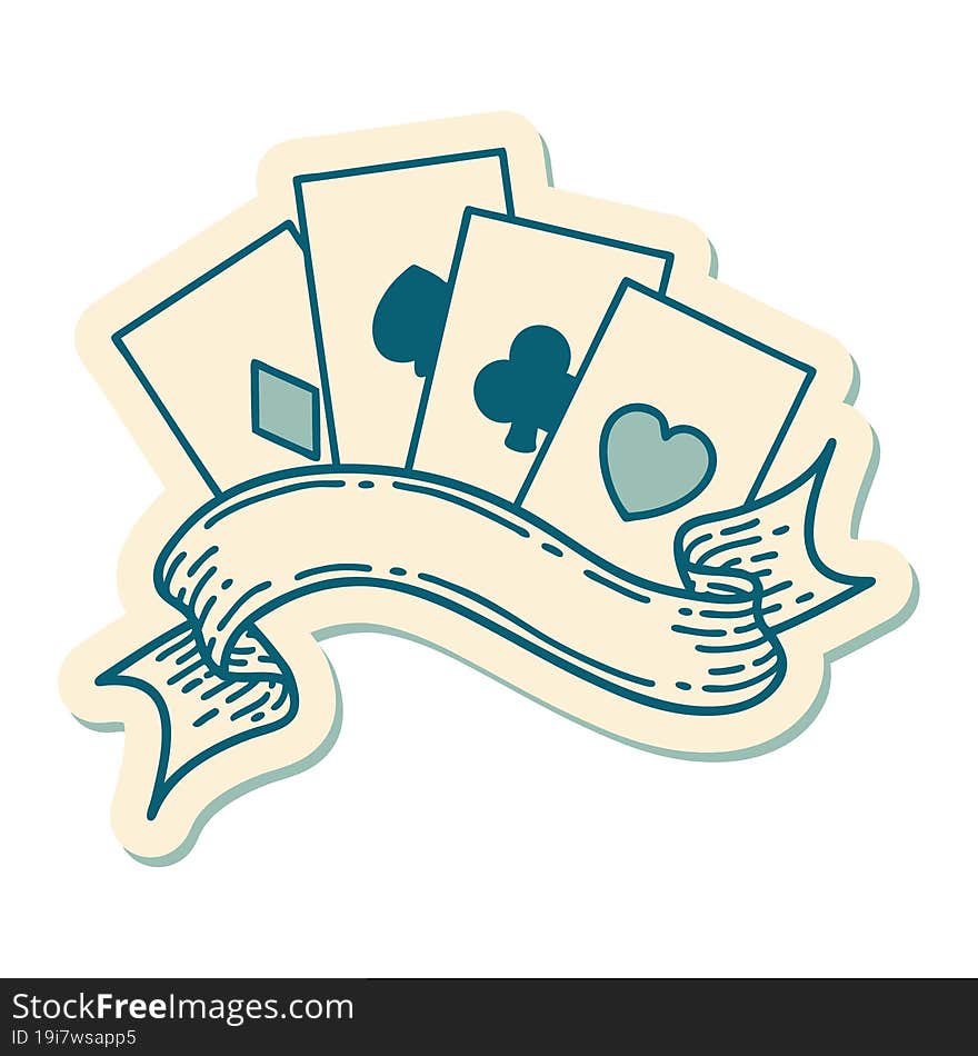 Tattoo Style Sticker Of Cards And Banner