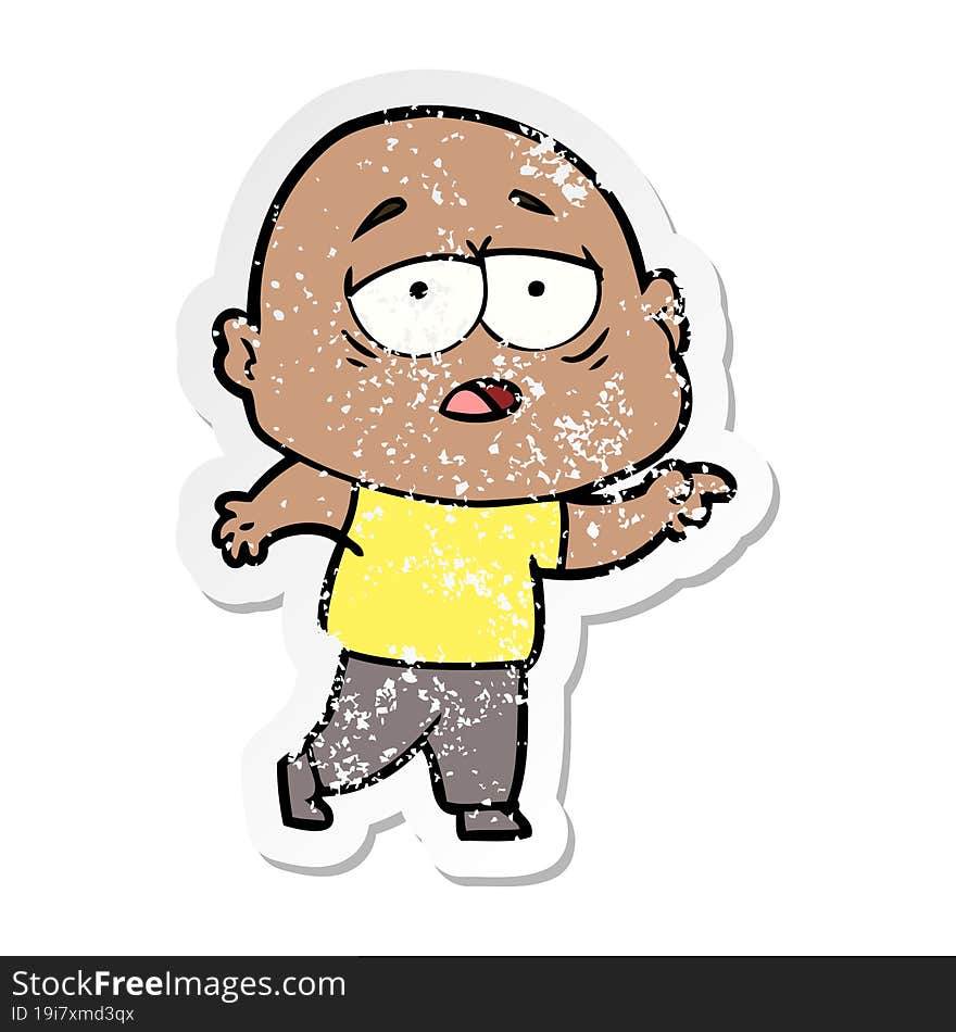 distressed sticker of a cartoon tired bald man