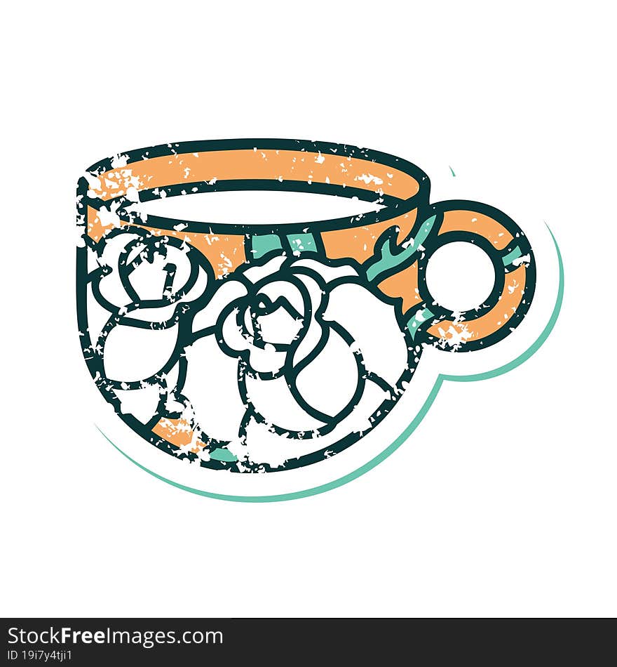 distressed sticker tattoo style icon of a cup and flowers