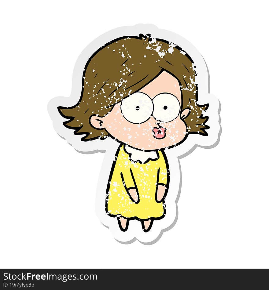 distressed sticker of a cartoon girl pouting