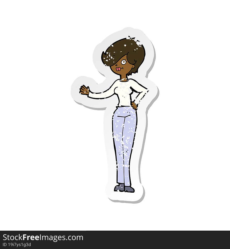 Retro Distressed Sticker Of A Cartoon Woman Waving