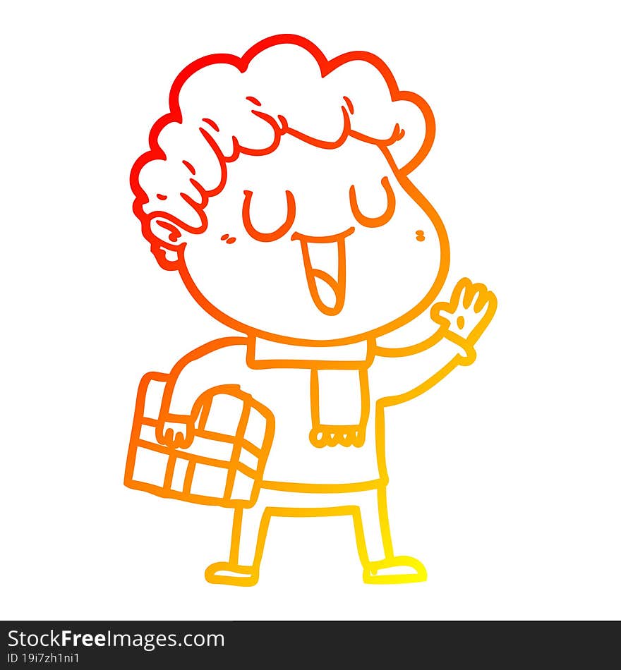 warm gradient line drawing of a laughing cartoon man with present