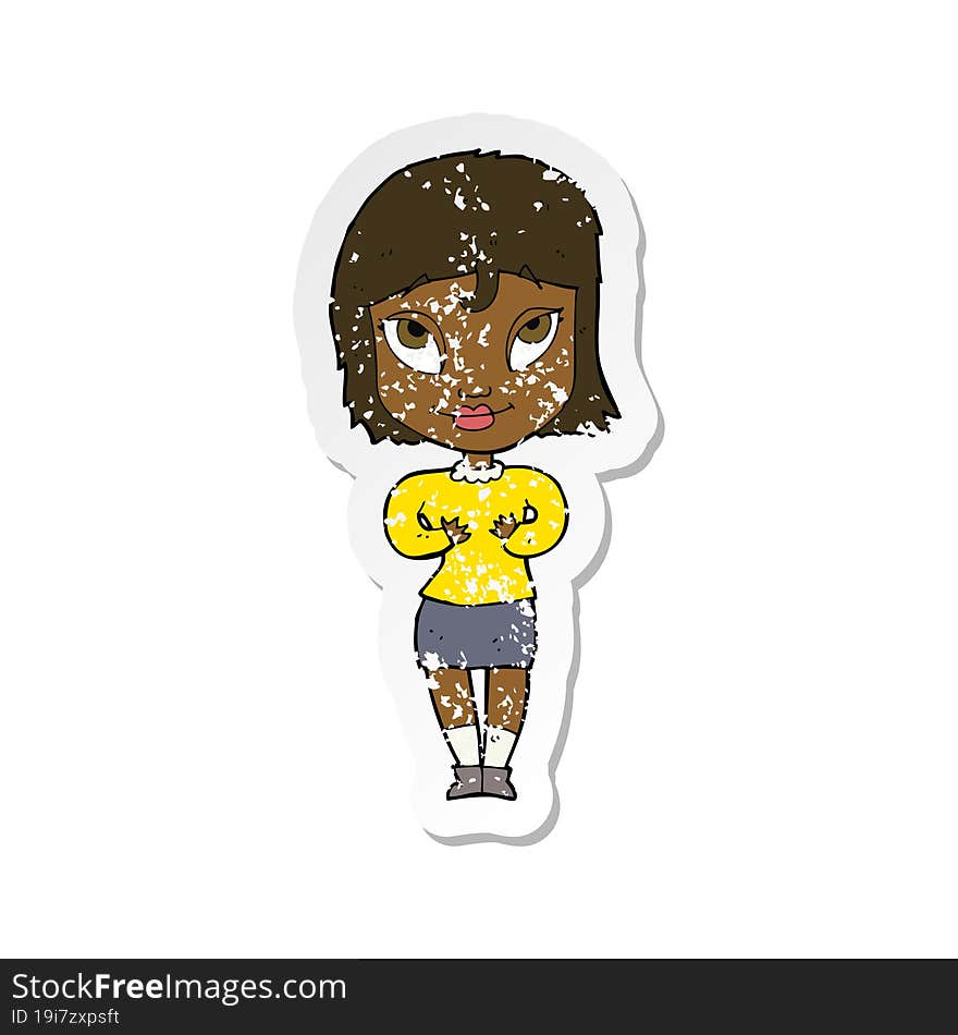 retro distressed sticker of a cartoon woman gesturing at self