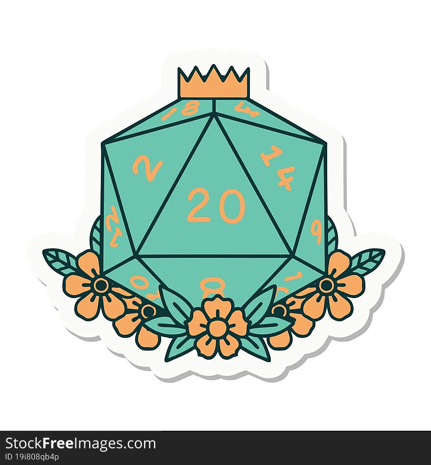 Natural 20 D20 Dice Roll With Floral Elements Sticker