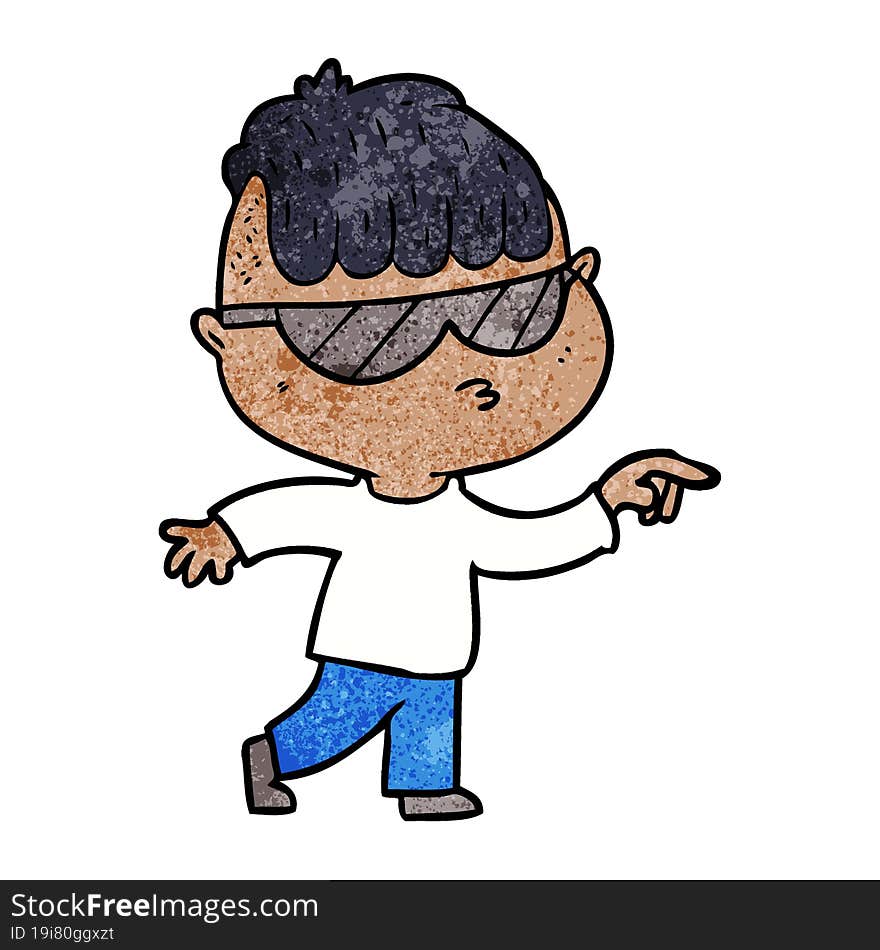 cartoon boy wearing sunglasses pointing. cartoon boy wearing sunglasses pointing