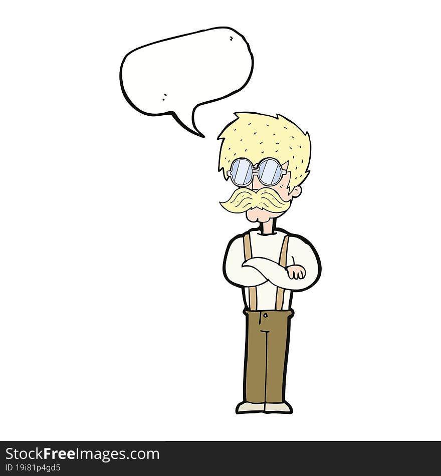 cartoon hipster man with mustache and spectacles with speech bubble