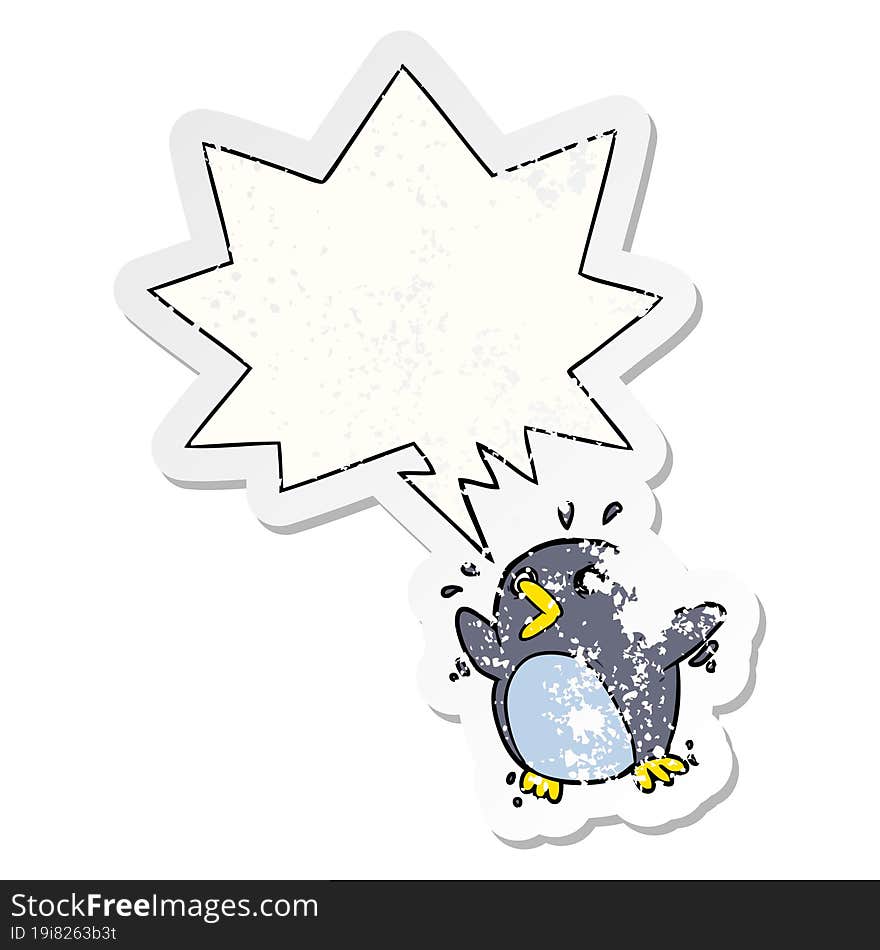 Cartoon Frightened Penguin And Speech Bubble Distressed Sticker