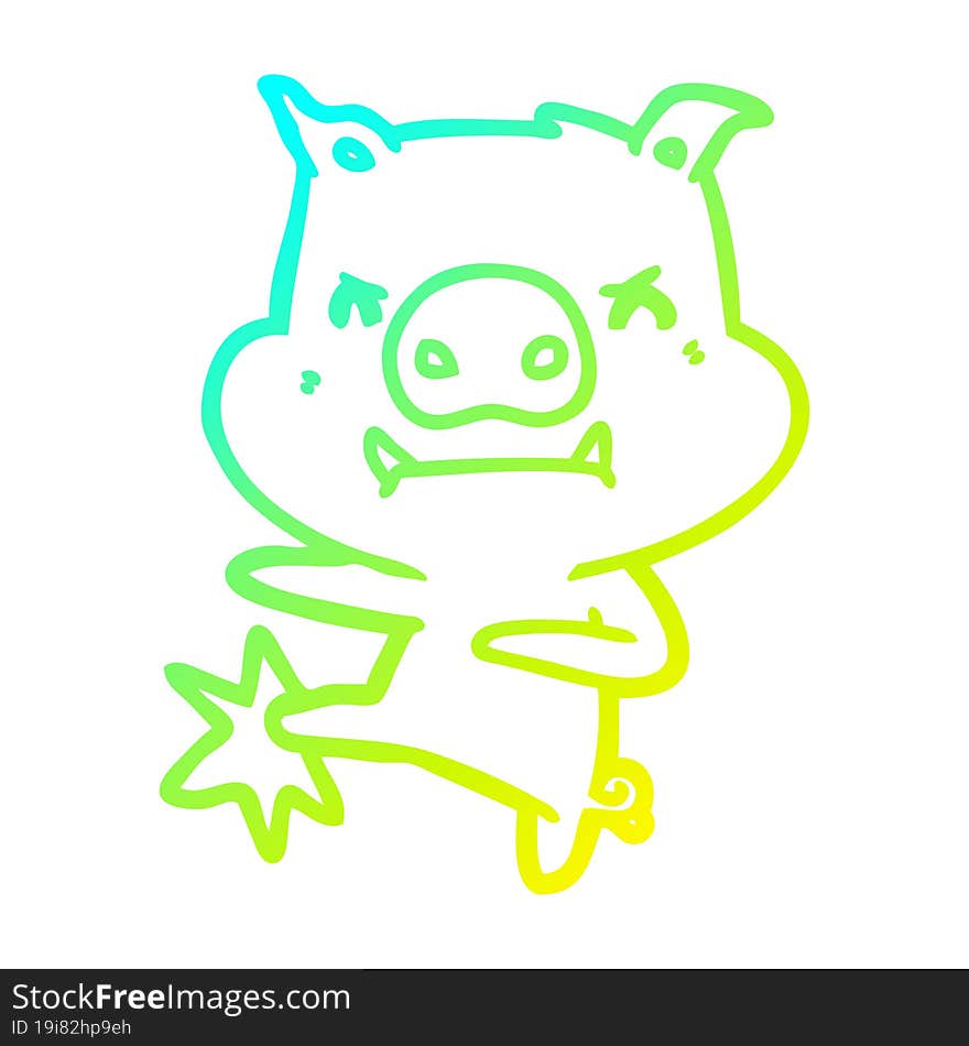 cold gradient line drawing angry cartoon pig karate kicking