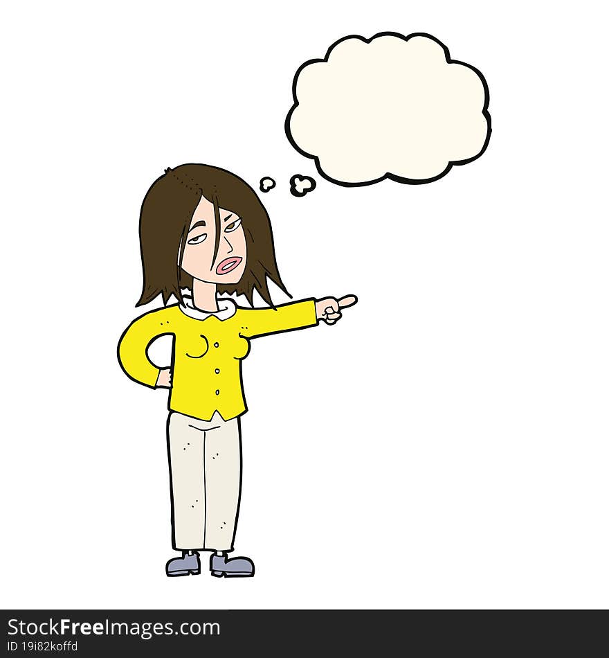 cartoon woman pointing with thought bubble