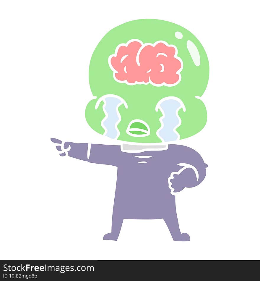 flat color style cartoon big brain alien crying and pointing