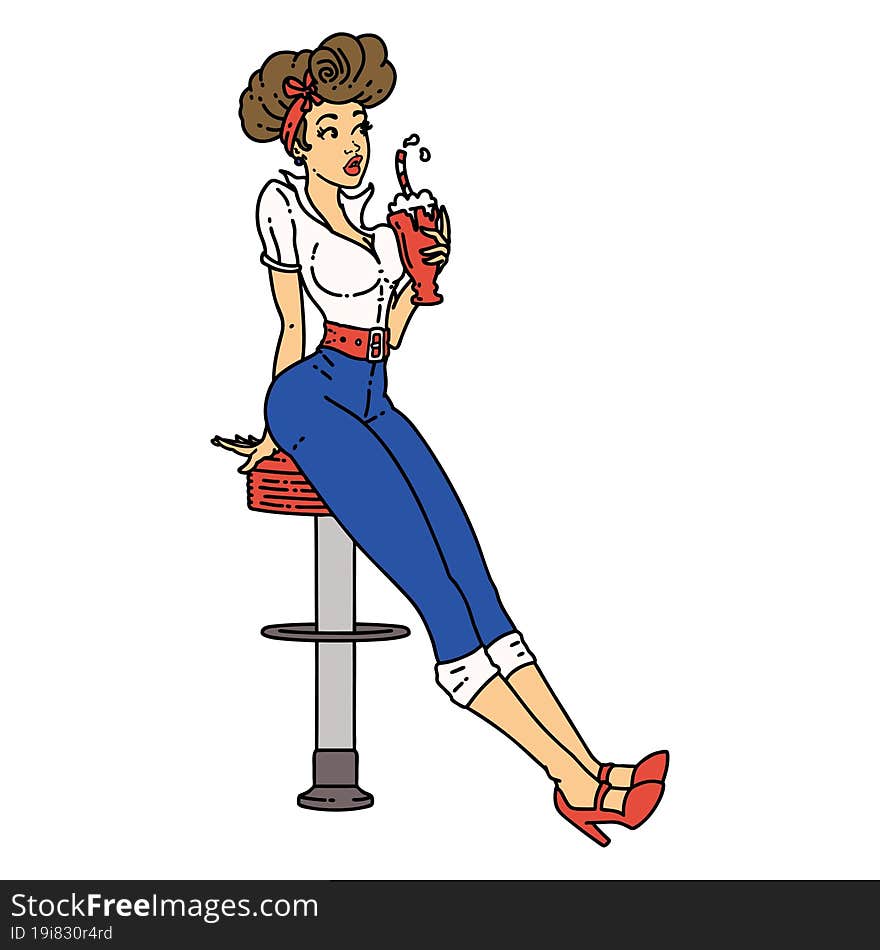 tattoo in traditional style of a pinup girl drinking a milkshake. tattoo in traditional style of a pinup girl drinking a milkshake