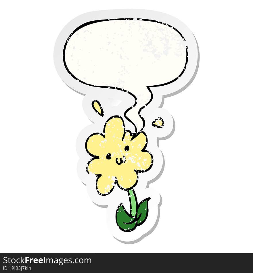 cartoon flower with speech bubble distressed distressed old sticker. cartoon flower with speech bubble distressed distressed old sticker