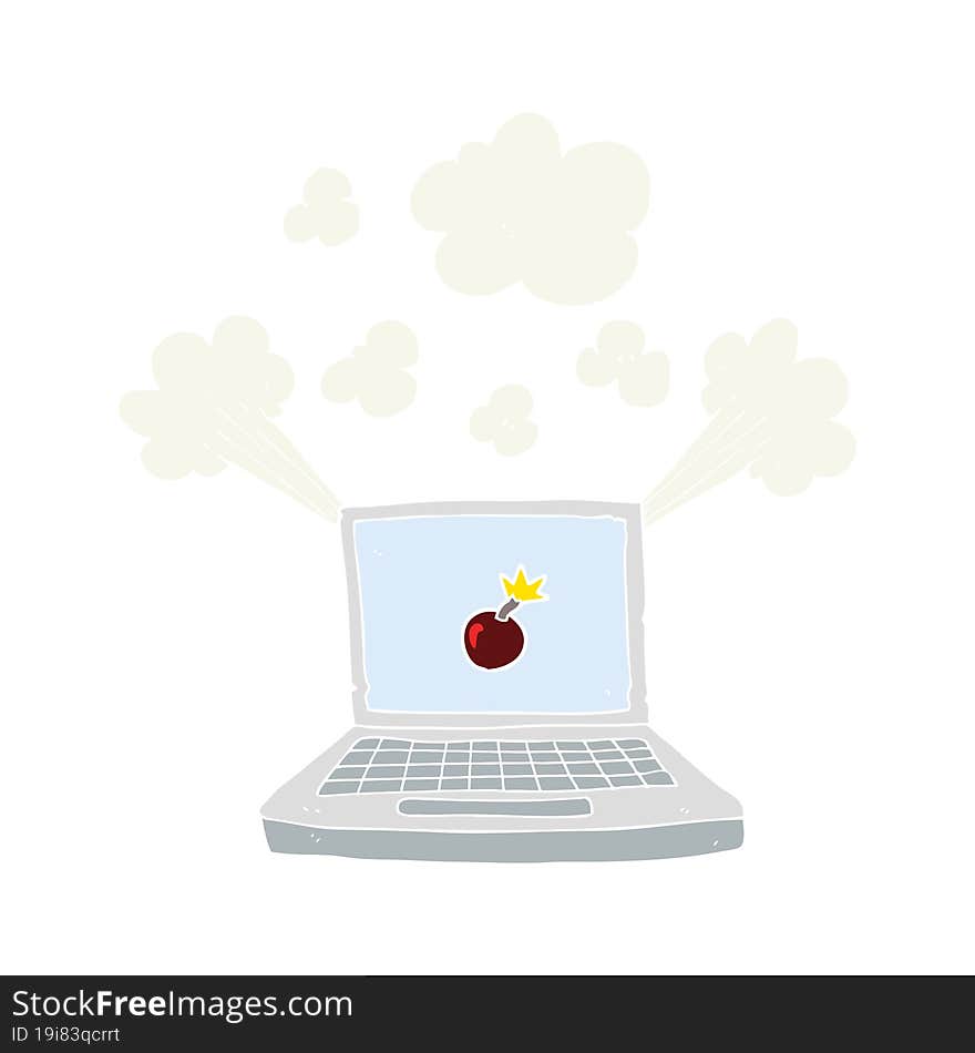 flat color illustration of a cartoon laptop computer with bomb symbol