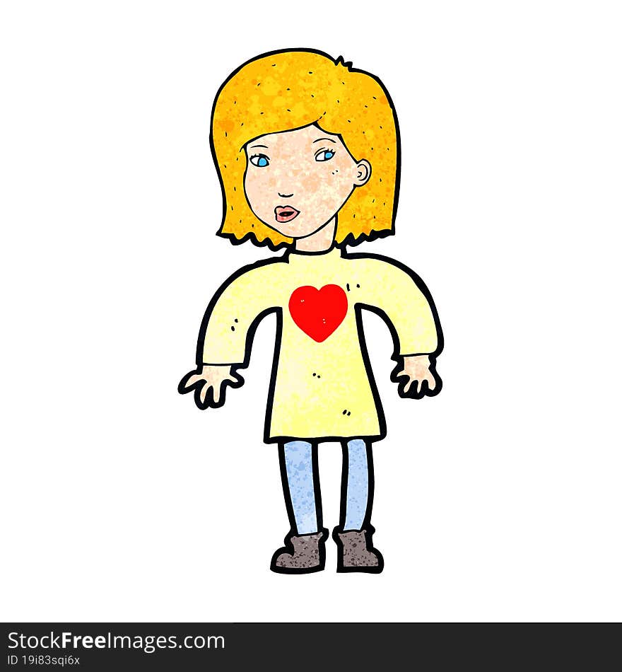 cartoon woman wearing heart shirt