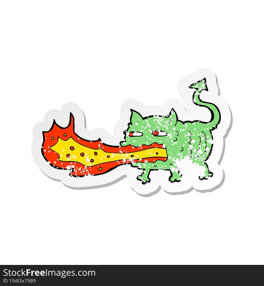 retro distressed sticker of a cartoon fire breathing imp