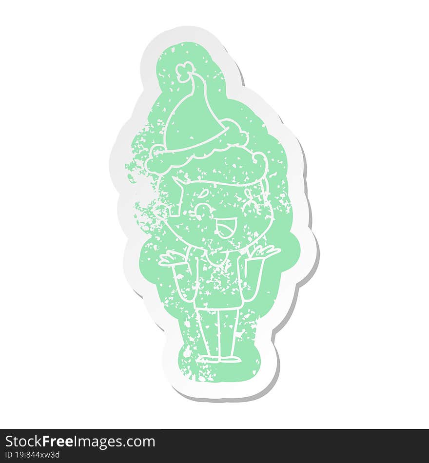 Cartoon Distressed Sticker Of A Laughing Confused Man Wearing Santa Hat