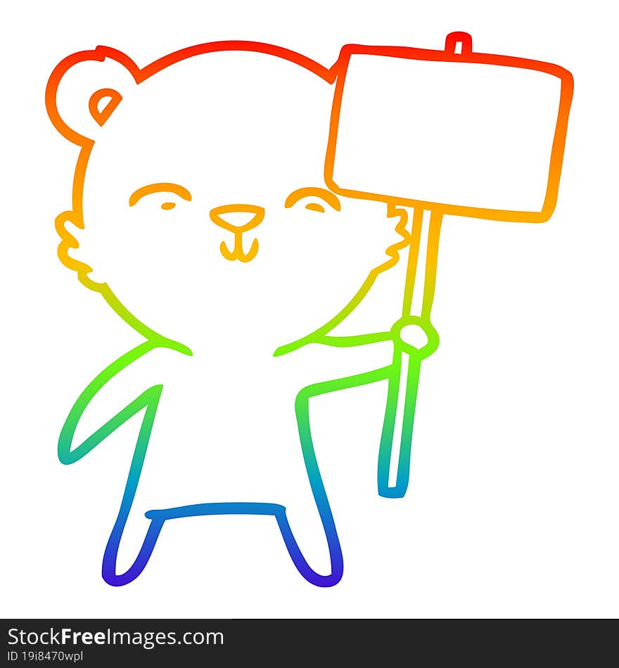 Rainbow Gradient Line Drawing Happy Cartoon Bear With Sign