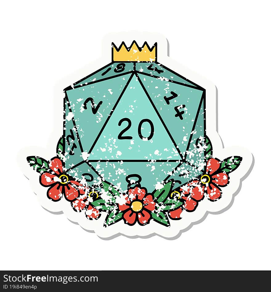 grunge sticker of a natural 20 D20 dice roll with floral elements. grunge sticker of a natural 20 D20 dice roll with floral elements