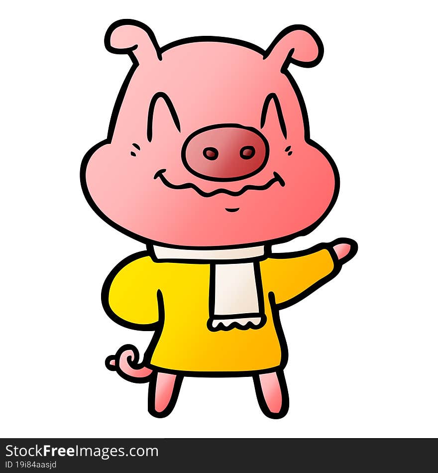 nervous cartoon pig wearing scarf. nervous cartoon pig wearing scarf