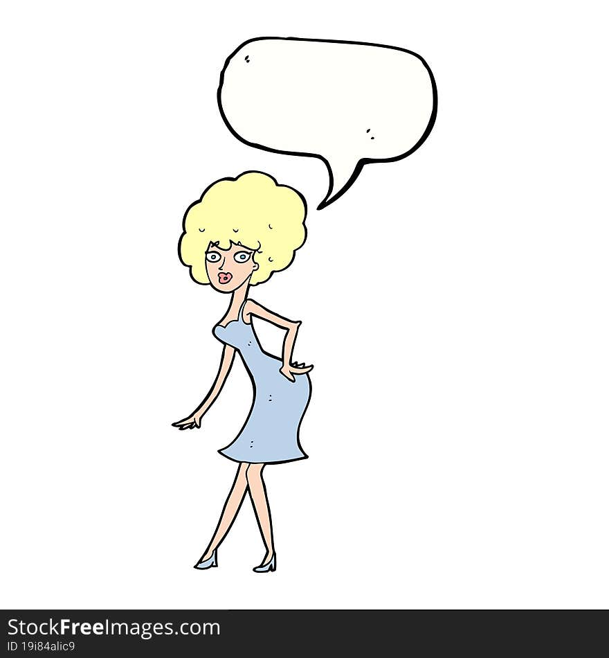 cartoon woman posing in dress with speech bubble