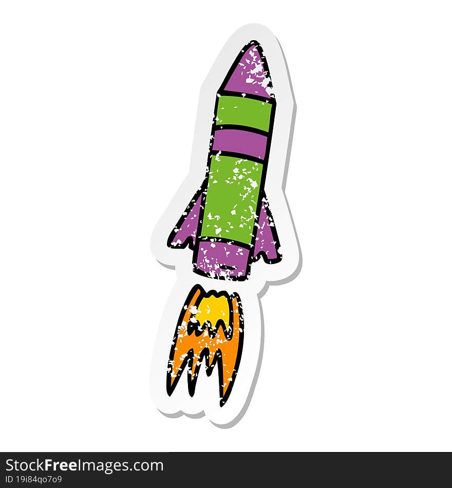 distressed sticker cartoon doodle of a space rocket