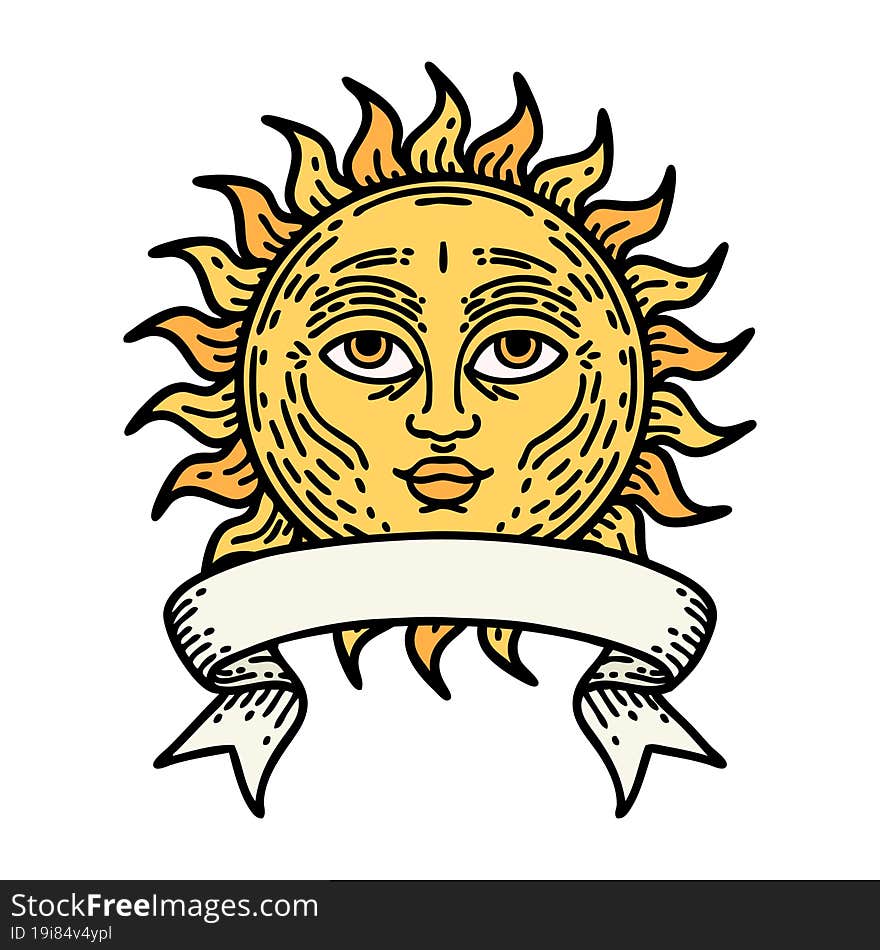 traditional tattoo with banner of a sun with face