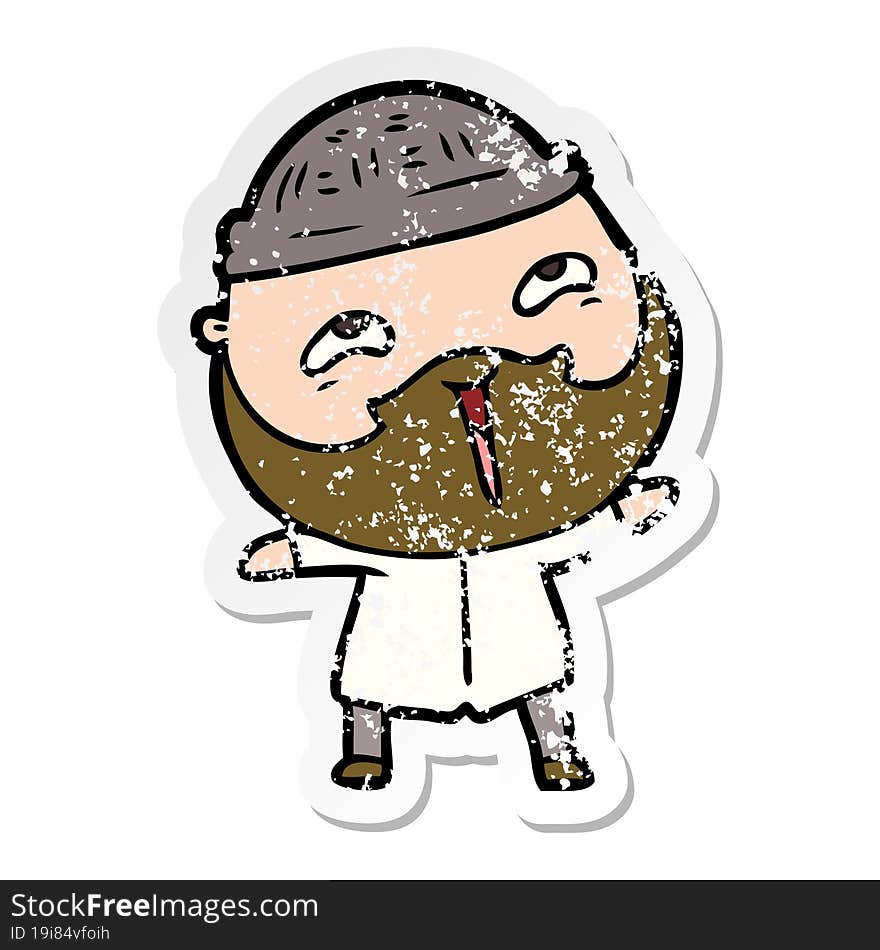 distressed sticker of a cartoon happy bearded man