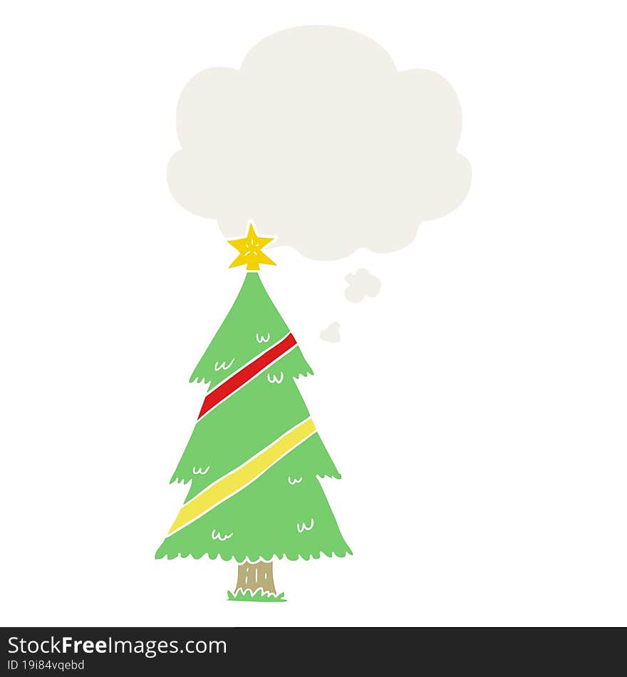 cartoon christmas tree and thought bubble in retro style