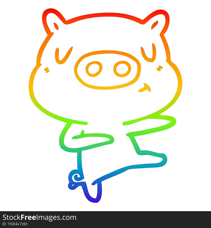 rainbow gradient line drawing of a cartoon content pig dancing