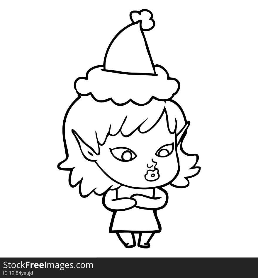 pretty line drawing of a elf girl wearing santa hat