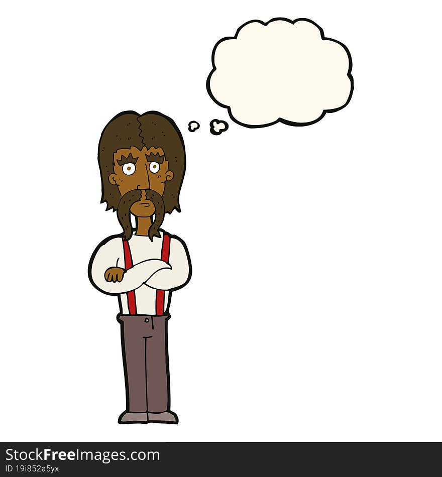 cartoon long mustache man with folded arms with thought bubble