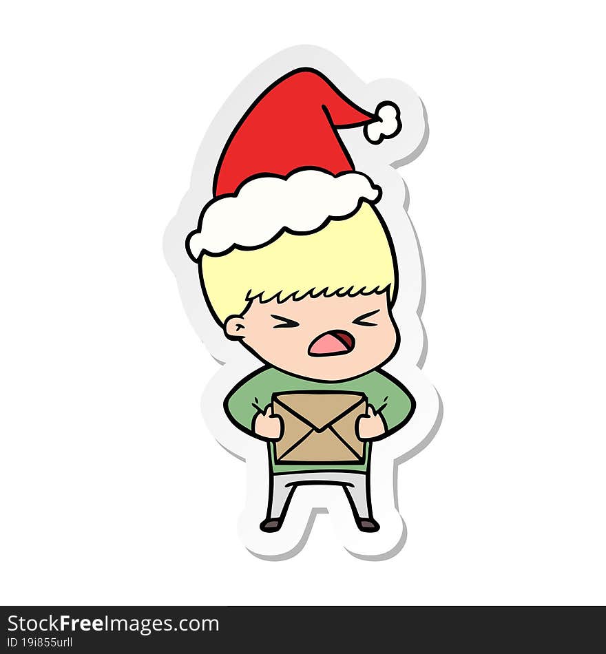 Sticker Cartoon Of A Stressed Man Wearing Santa Hat