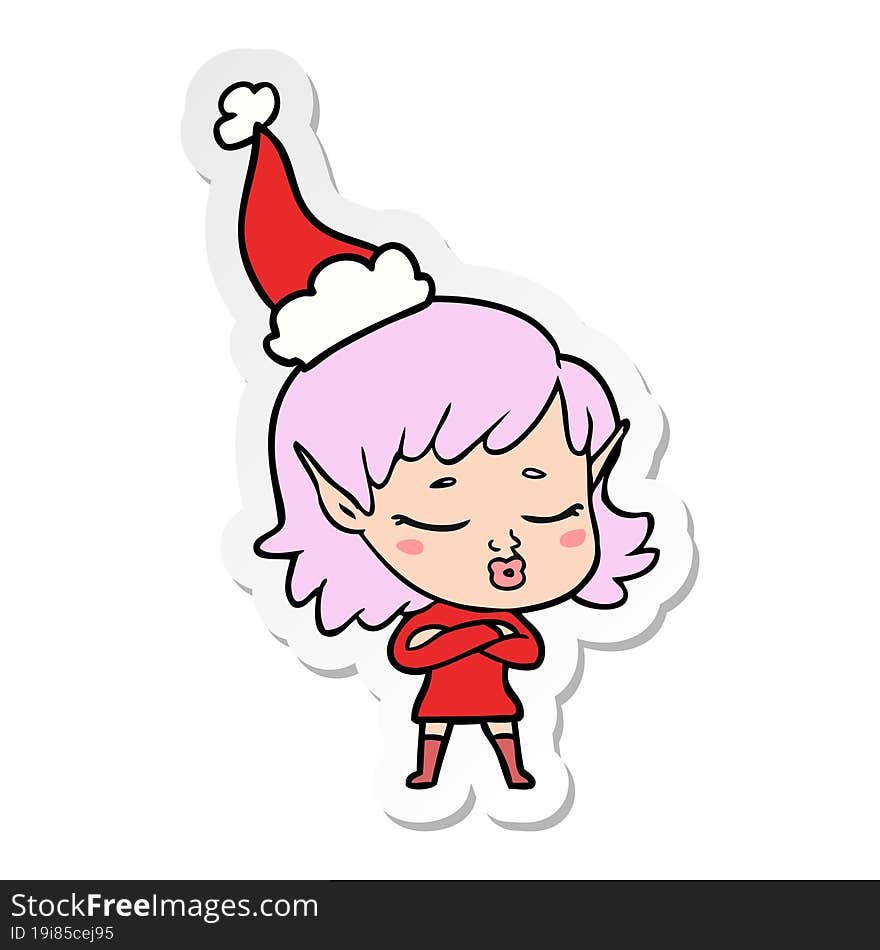 pretty sticker cartoon of a elf girl wearing santa hat