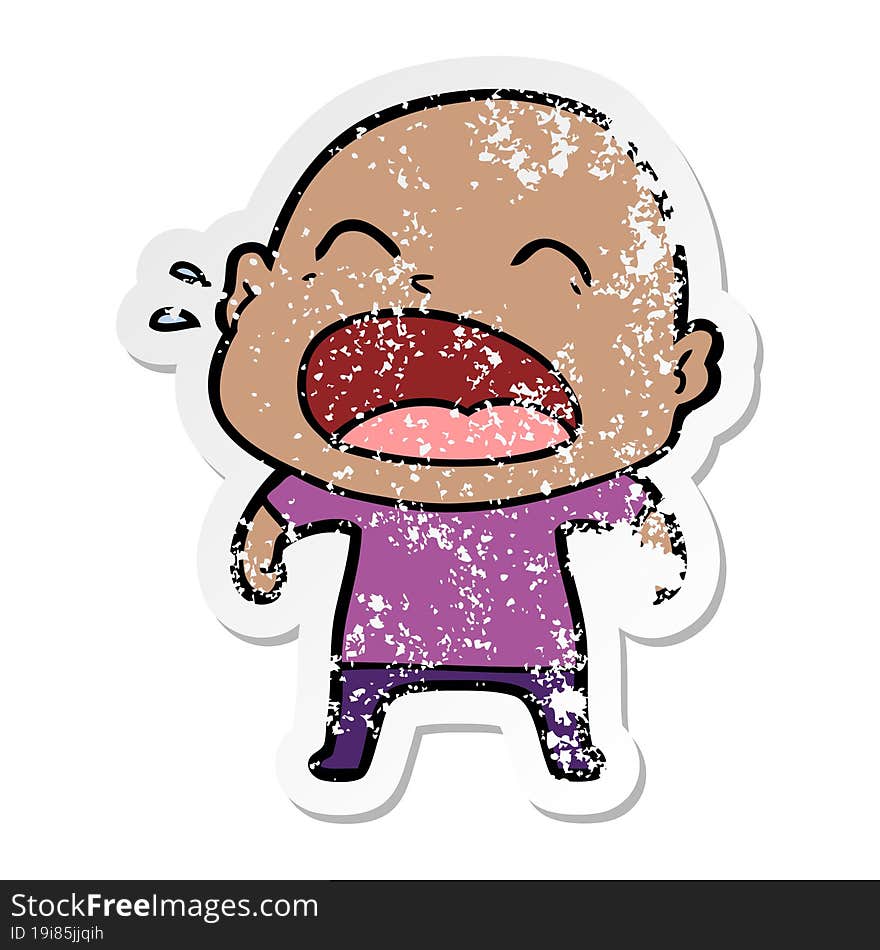 distressed sticker of a cartoon shouting bald man