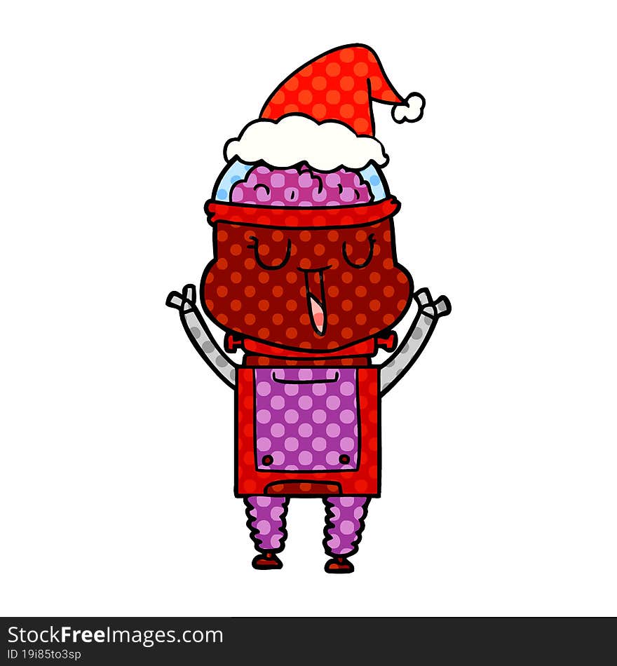 happy comic book style illustration of a robot wearing santa hat