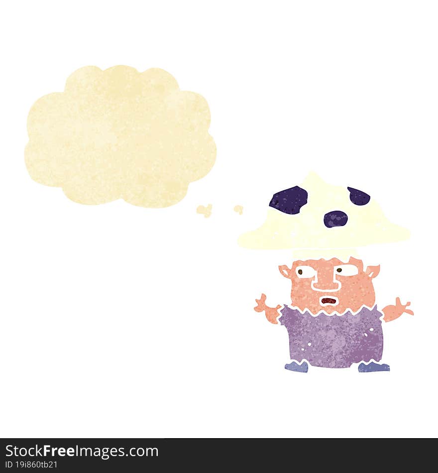 cartoon little mushroom man with thought bubble