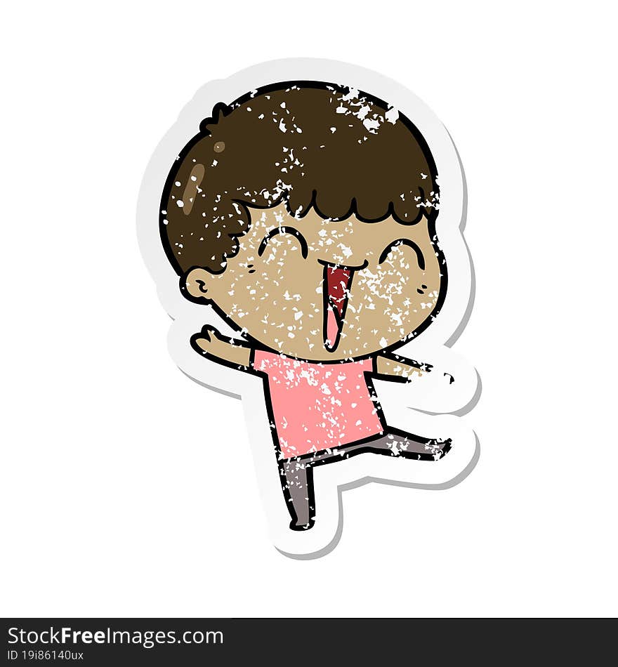 distressed sticker of a cartoon happy man