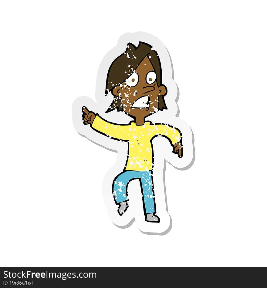 retro distressed sticker of a cartoon worried man pointing