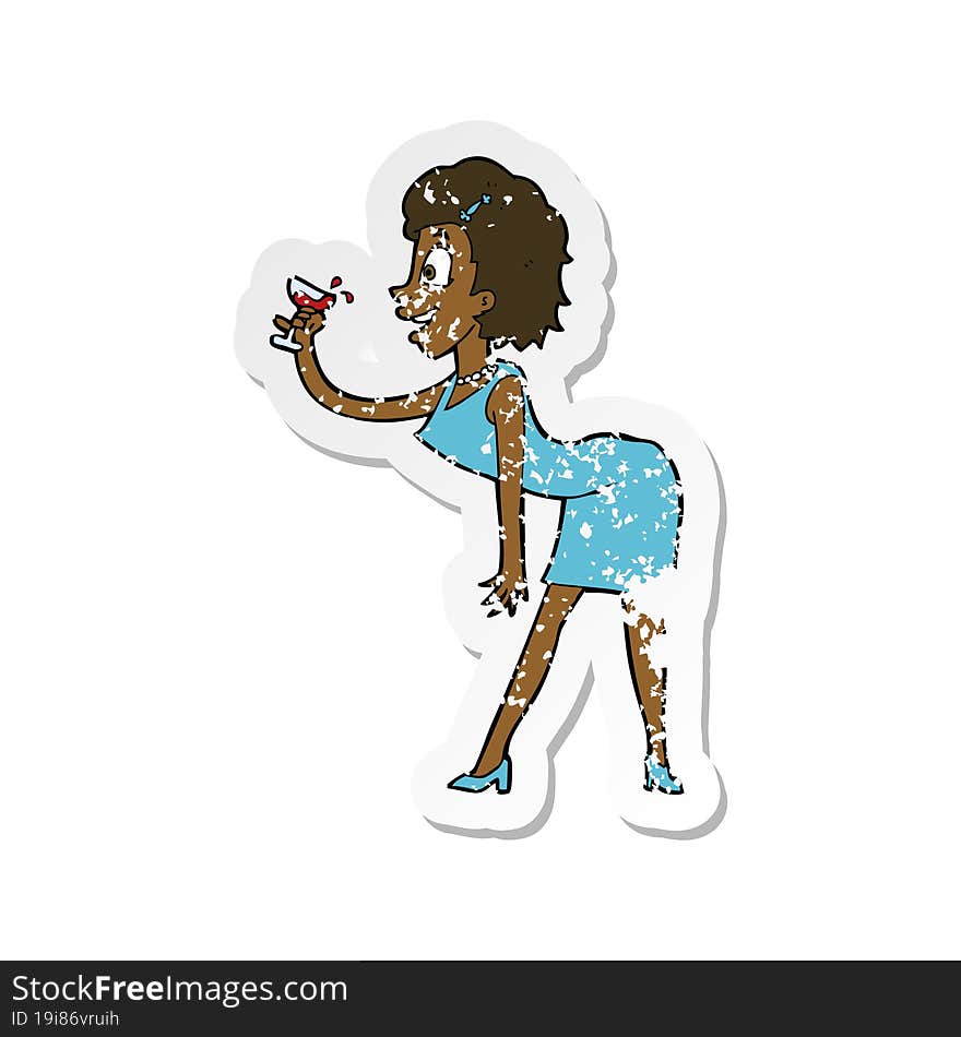 retro distressed sticker of a cartoon woman with drink