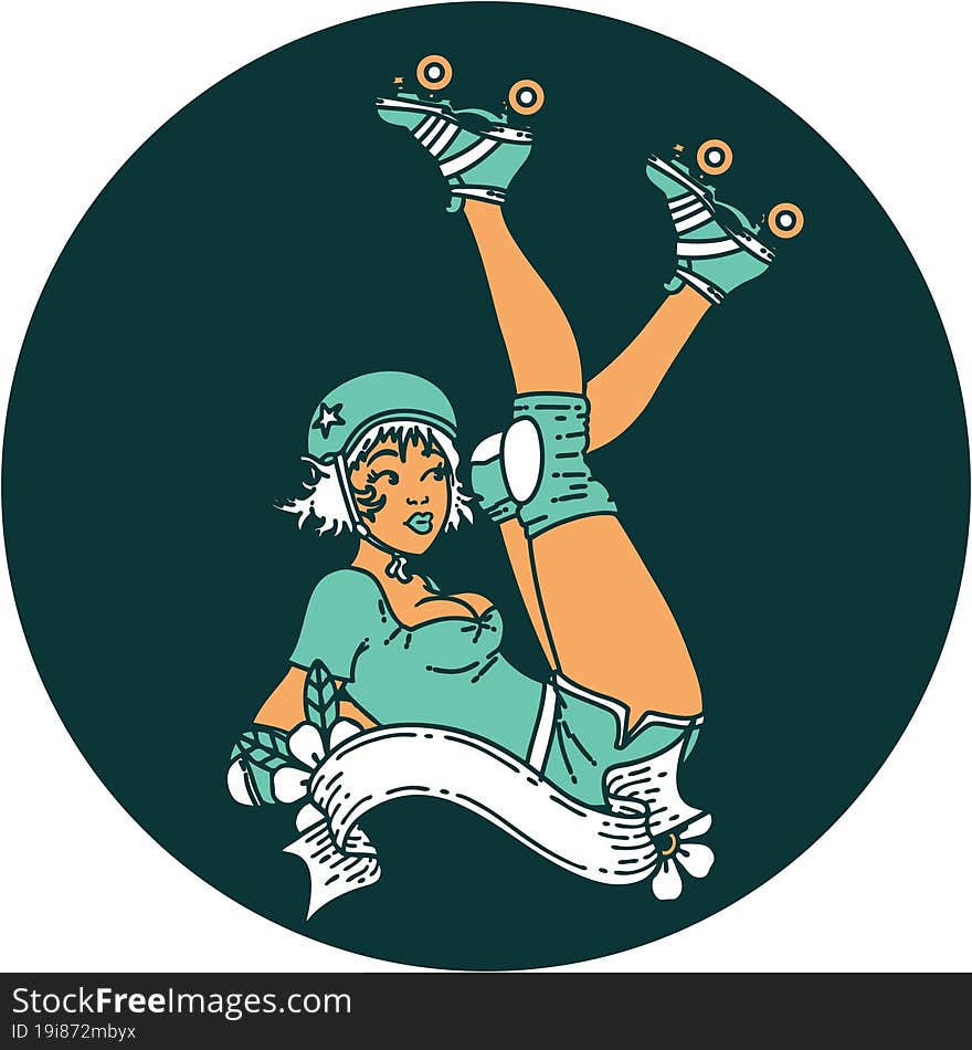 Tattoo Style Icon Of A Pinup Roller Derby Girl With Banner