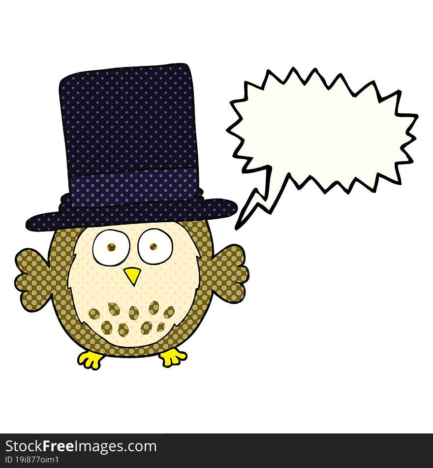 Comic Book Speech Bubble Cartoon Owl Wearing Top Hat