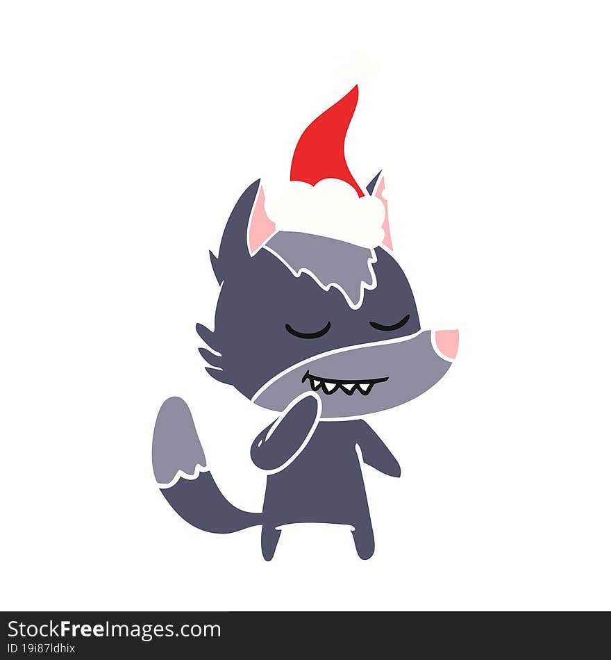 friendly hand drawn flat color illustration of a wolf wearing santa hat. friendly hand drawn flat color illustration of a wolf wearing santa hat