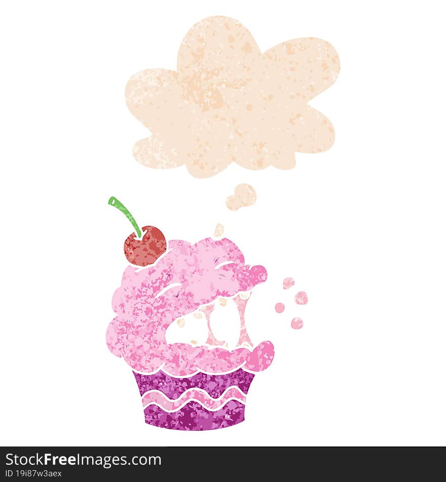 cartoon cupcake and thought bubble in retro textured style